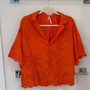 Anthropologie Orange Embroidered Blouse